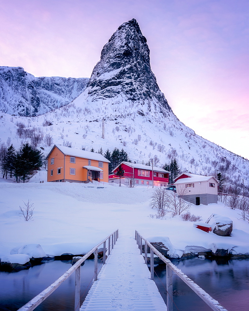 Famous pointed mountain of Reine at sunset, Reine, Lofoten Islands, Nordland, Norway, Europe