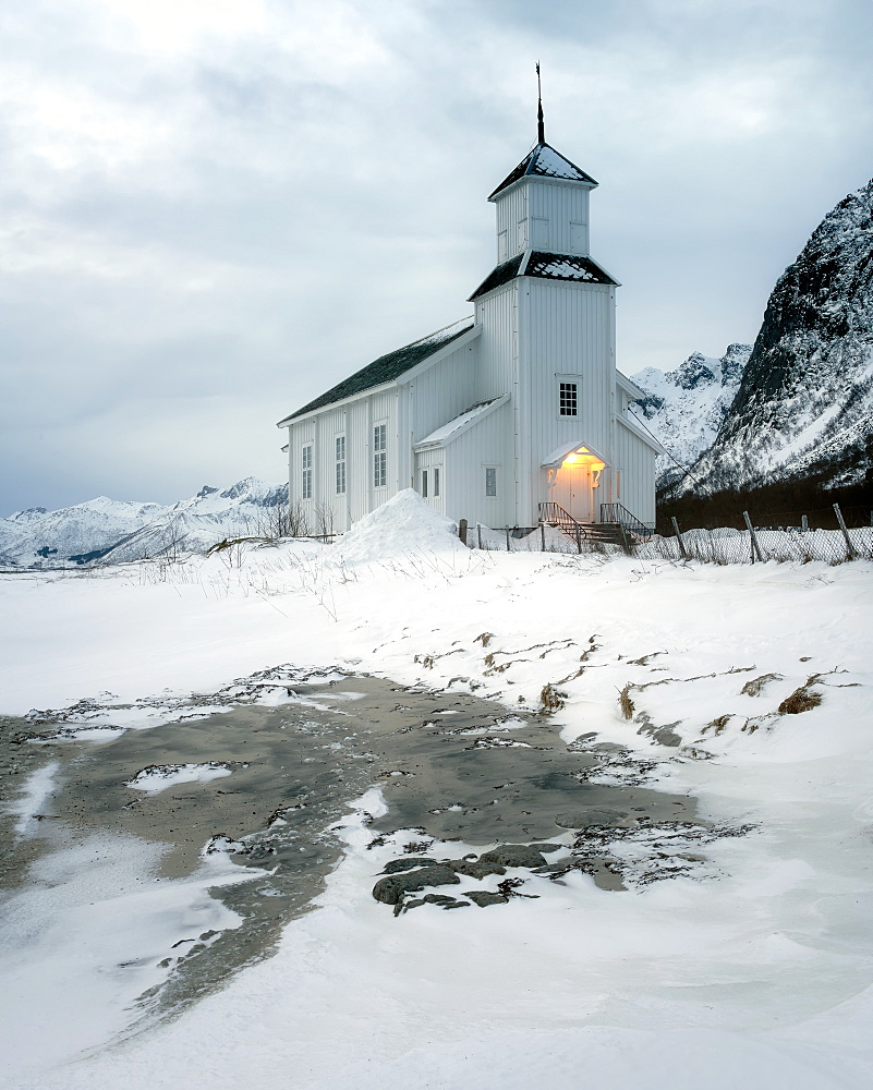 Gimsoy Church in the snow, Gimsoy, Lofoten Islands, Nordland, Arctic, Norway, Europe