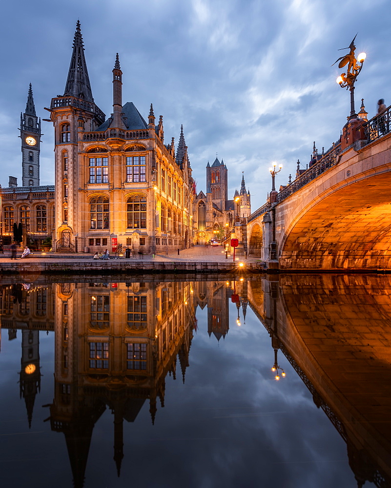 Old Post Office and St. Nicholas' Church from the side of Michielsbrug (St. Michael's bridge), Ghent, Flanders, Belgium, Europe