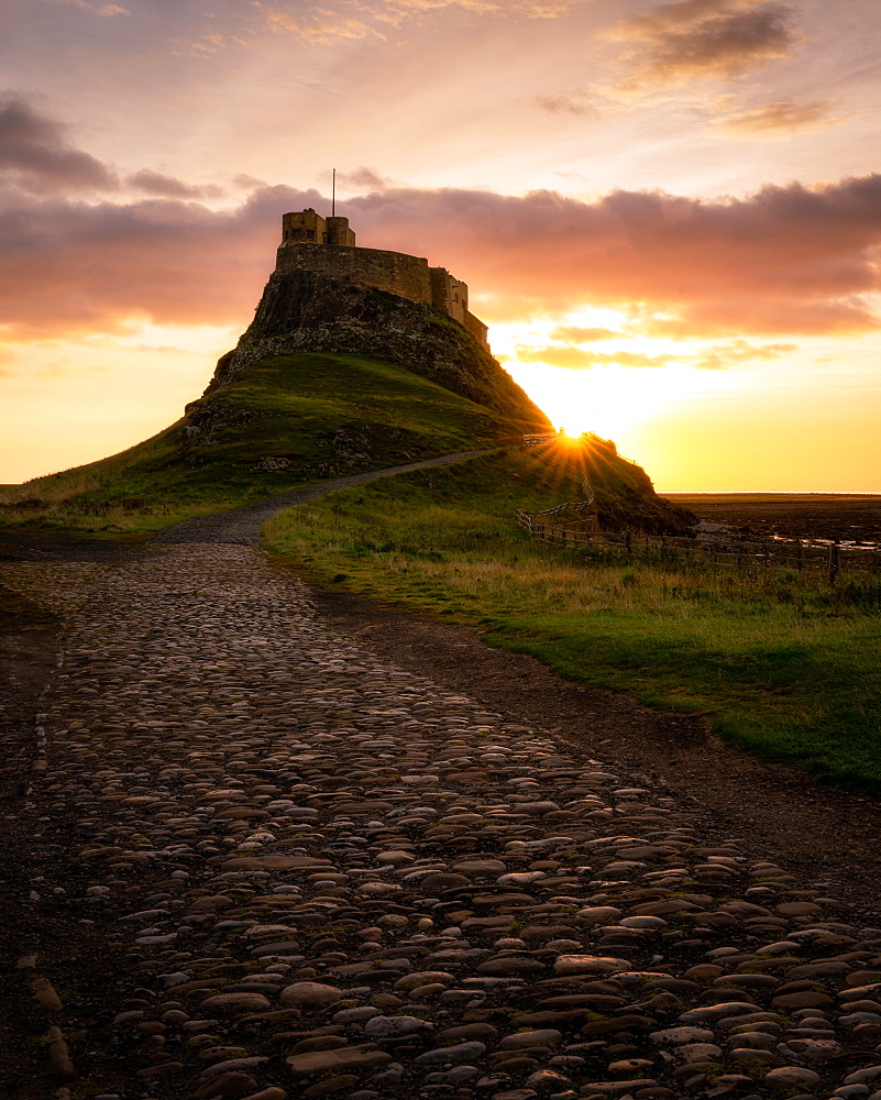 Lindisfarne Castle at sunrise, Holy Island, Northumberland, England, United Kingdom, Europe