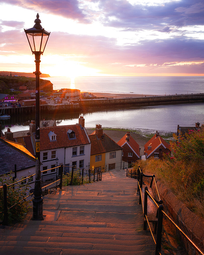 The 199 Steps of Whitby at sunset, Whitby, North Yorkshire, England, United Kingdom, Europe