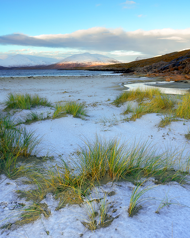 Luskentyre Beach on a snow covered winter's morning, Isle of Harris, Outer Hebrides, Scotland, United Kingdom, Europe