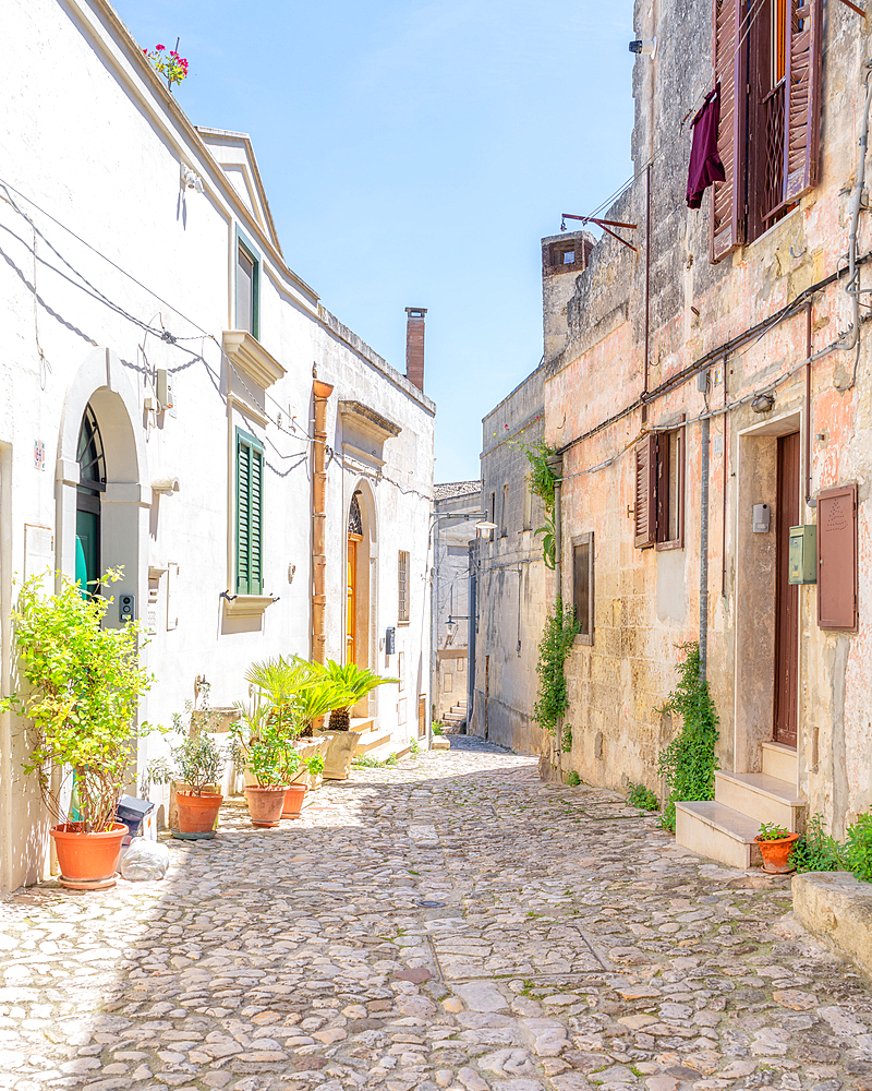 Narrow cobbled street in the old town of Matera, Basilicata, Italy, Europe