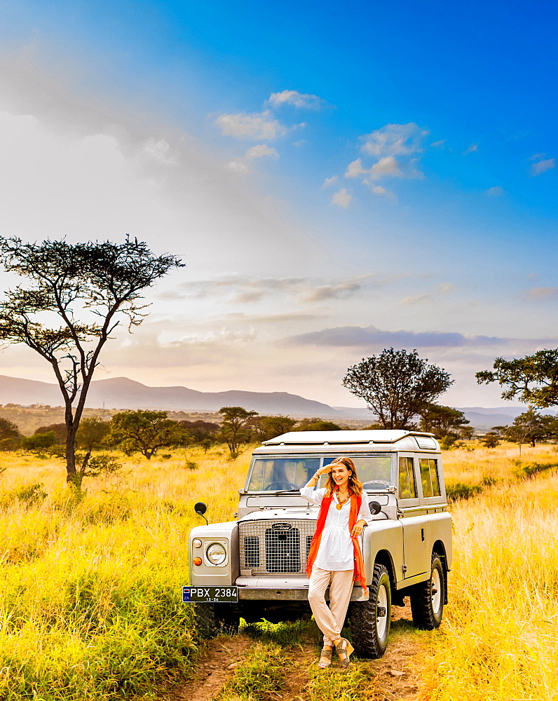 Tourist enjoyung safari in South African Bushveld, South Africa, Africa