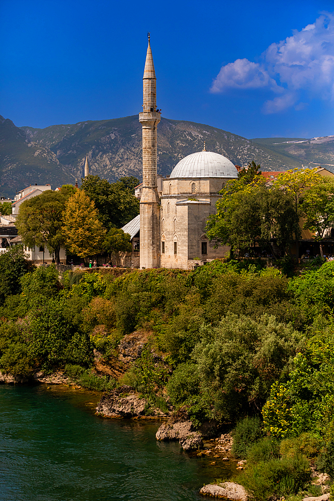 Buildings along the Neretva River, Mostar, Bosnia and Herzegovina, Europe