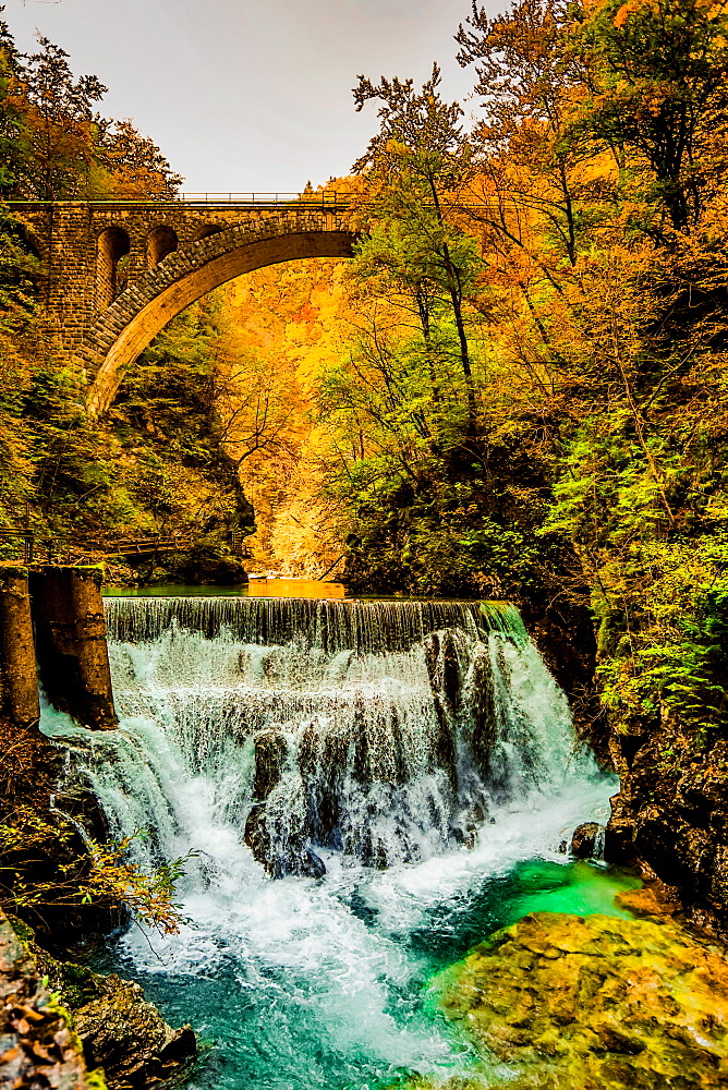 View of a waterfall from the slot canyon hike in Triglav National Park, Slovenia, Europe