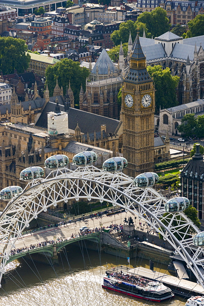 An aerial view of The London Eye and The Houses of Parliament, London, England, United Kingdom, Europe