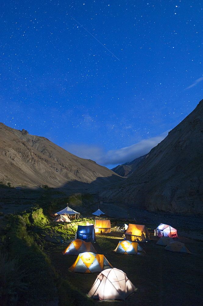 A group camping at Wanlah while trekking the Hidden Valleys route, Ladakh, Himalayas, India, Asia