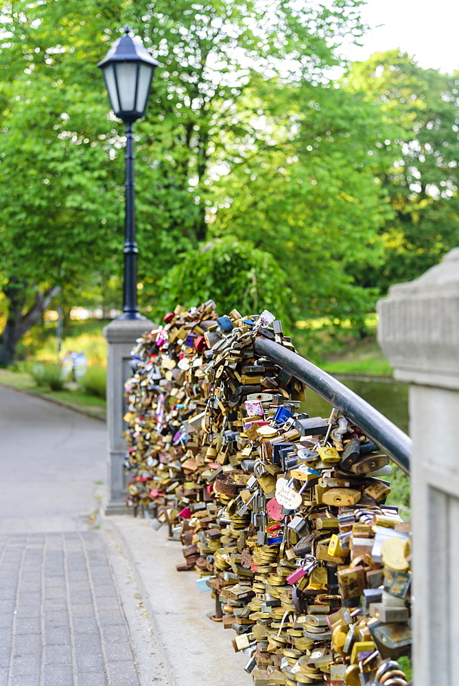 Lovers Locks on Bridge, Bastejkalnna Parks, Riga, Latvia, Europe