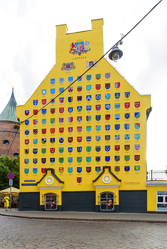 Jacob's Barracks, showing coats of arms of Latvian parishes, Old Town, UNESCO World Heritage Site, Riga, Latvia, Europe