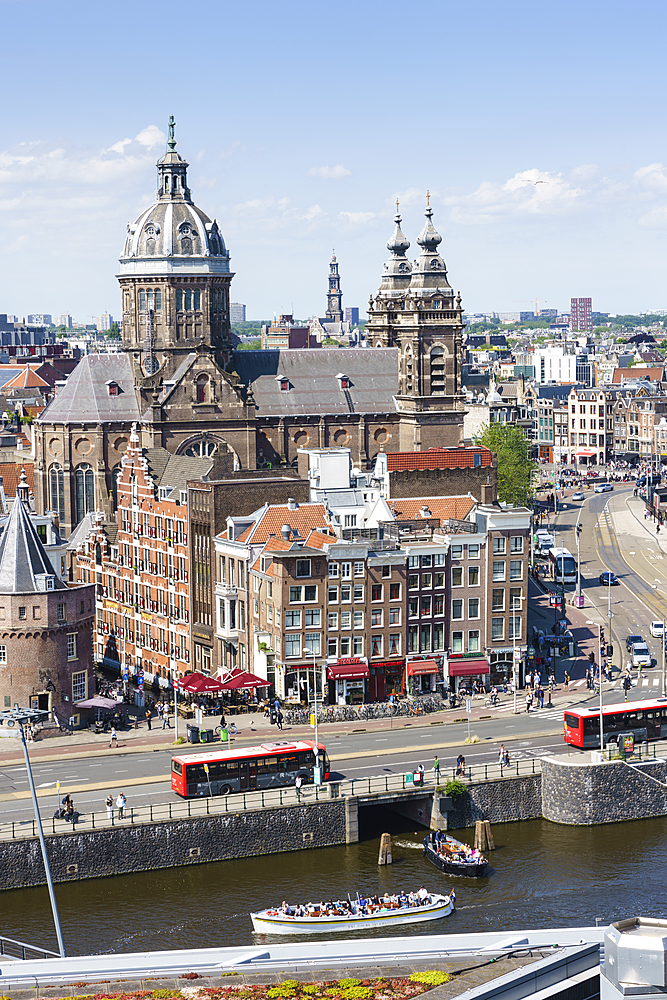 High angle view of central Amsterdam with St. Nicholas Church and tower, Amsterdam, North Holland, The Netherlands, Europe