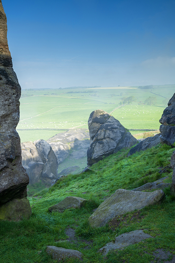 Mist around Almscliffe Crag and the Lower Wharfe Valley in late May, Yorkshire, England, United Kingdom, Europe