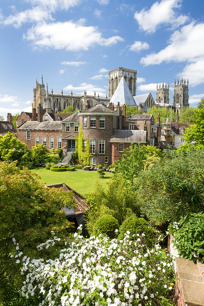 York Minster and Greys Court from the Bar Walls in springtime, York, Yorkshire, England, United Kingdom, Europe