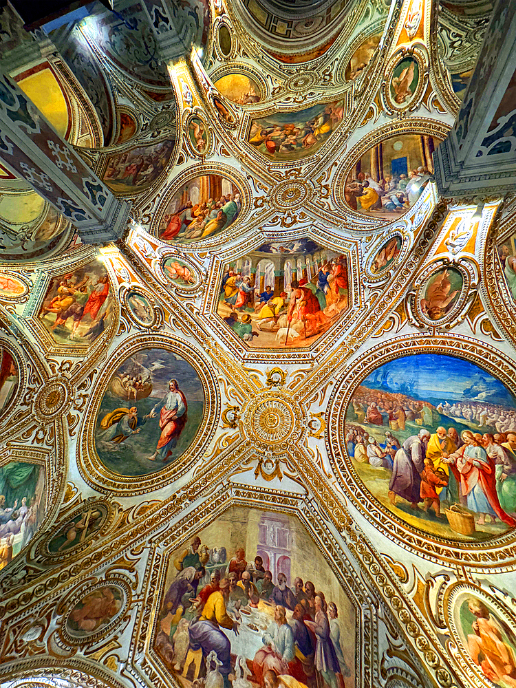 The religious frescos on the ceiling of the 8th century Church of San Giorgio in the city of Salerno. Italy. Europe.