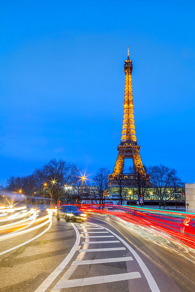 Eiffel Tower, traffic light trails, Paris, France, Europe