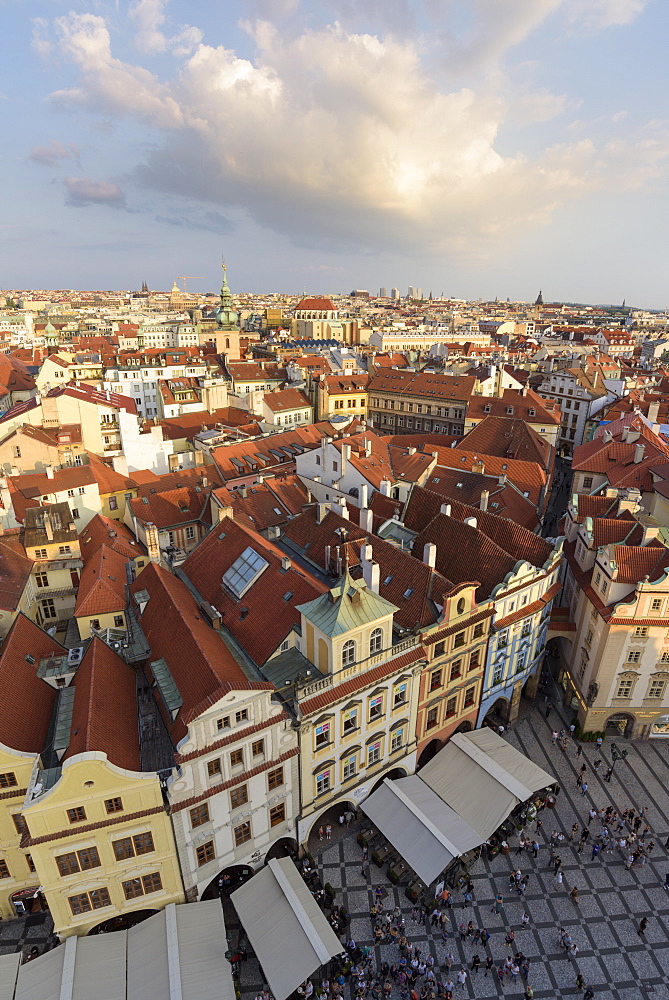 View of Prague's historic Old Town Square from Old Town Hall with rooftops and pedestrians below, UNESCO World Heritage Site, Prague, Czech Republic, Europe