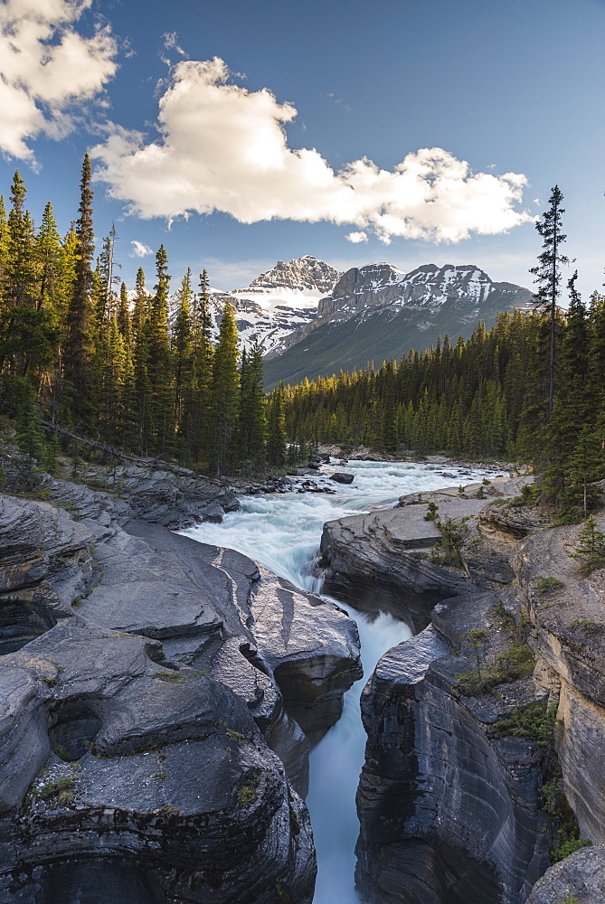 Mistaya Canyon waterfalls at sunset with evening light and Mount Sarbach, Banff National Park, UNESCO World Heritage Site, Alberta, Canadian Rockies, Canada, North America