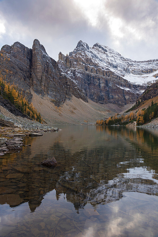 Mount Niblock and Mount Whyte at Lake Agnes with autumn Larches, Banff National Park, UNESCO World Heritage Site, Alberta, Canada, North America