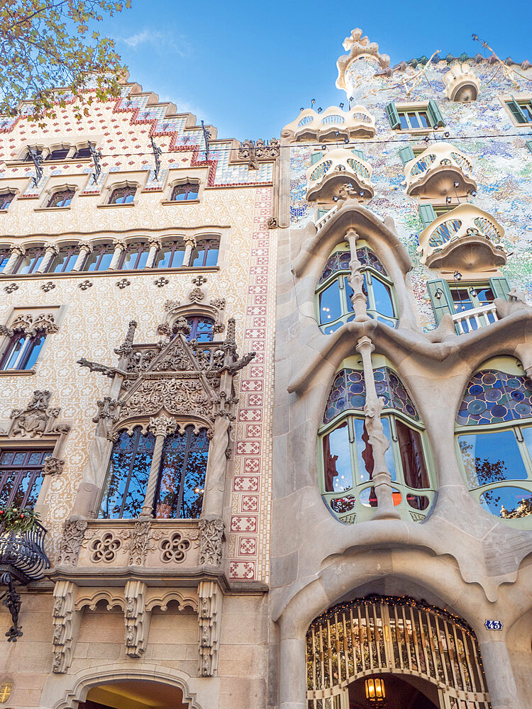 Side-by-side facades of Casa Amatller, by Puig i Cadafalch, and Casa Battlo, by Gaudi, UNESCO World Heritage Site, Barcelona, Catalonia, Spain, Europe