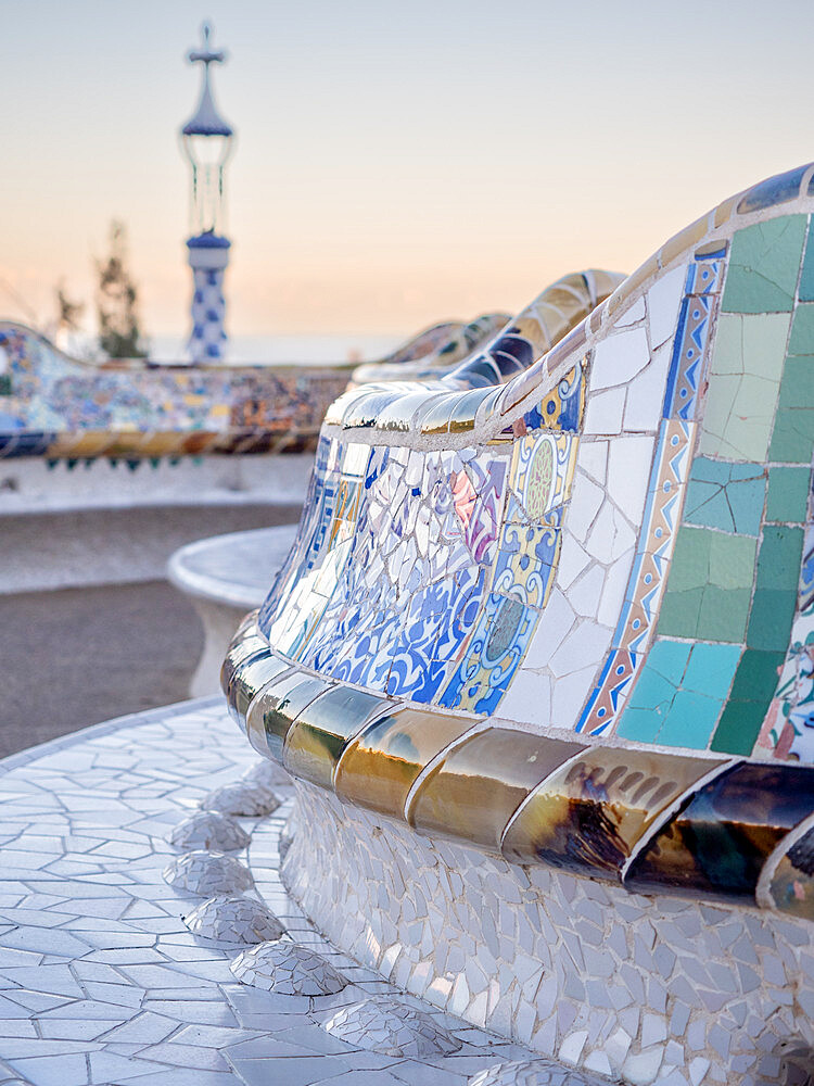 Bench in Park Guell, designed by Antoni Gaudi, UNESCO World Heritage Site, Barcelona, Catalonia, Spain, Europe