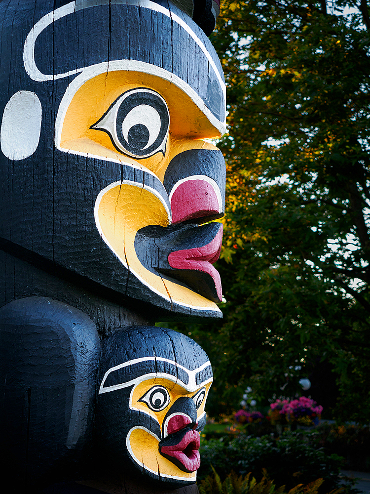 First Nations totem poles, Thunderbird Park, Vancouver Island, next to the Royal British Columbia Museum, Victoria, British Columbia, Canada, North America