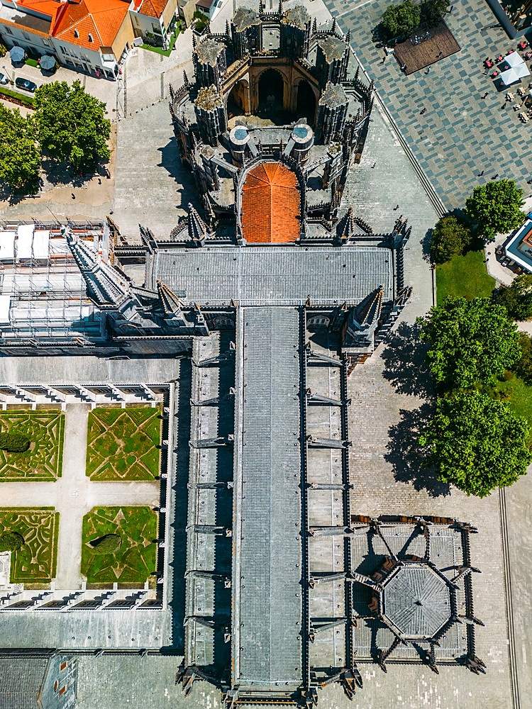 Aerial view of the Monastery of the Dominicans of Batalha, built to commemorate the Portuguese victory over the Castilians at the battle of Aljubarrota in 1385, UNESCO World Heritage Site, Batalha, Centro, Portugal, Europe