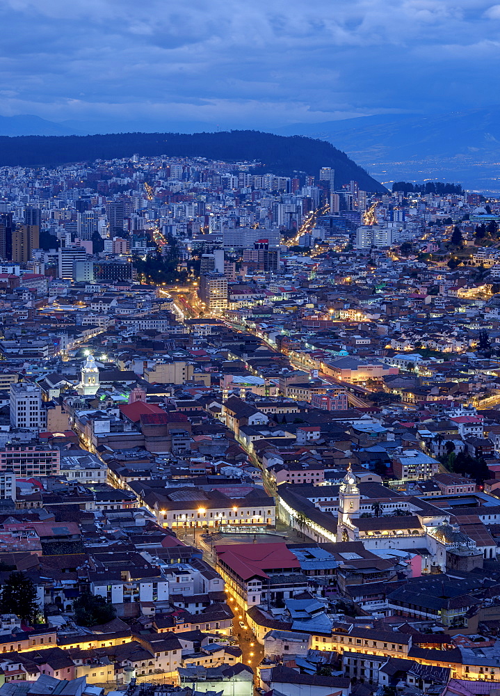 Old Town elevated view from El Panecillo, twilight, Quito, Pichincha Province, Ecuador, South America