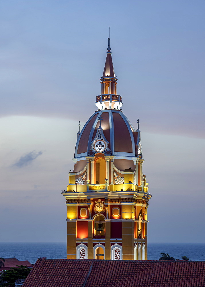 Metropolitan Cathedral Basilica of Saint Catherine of Alexandria, tower at dusk, Cartagena, Bolivar Department, Colombia, South America