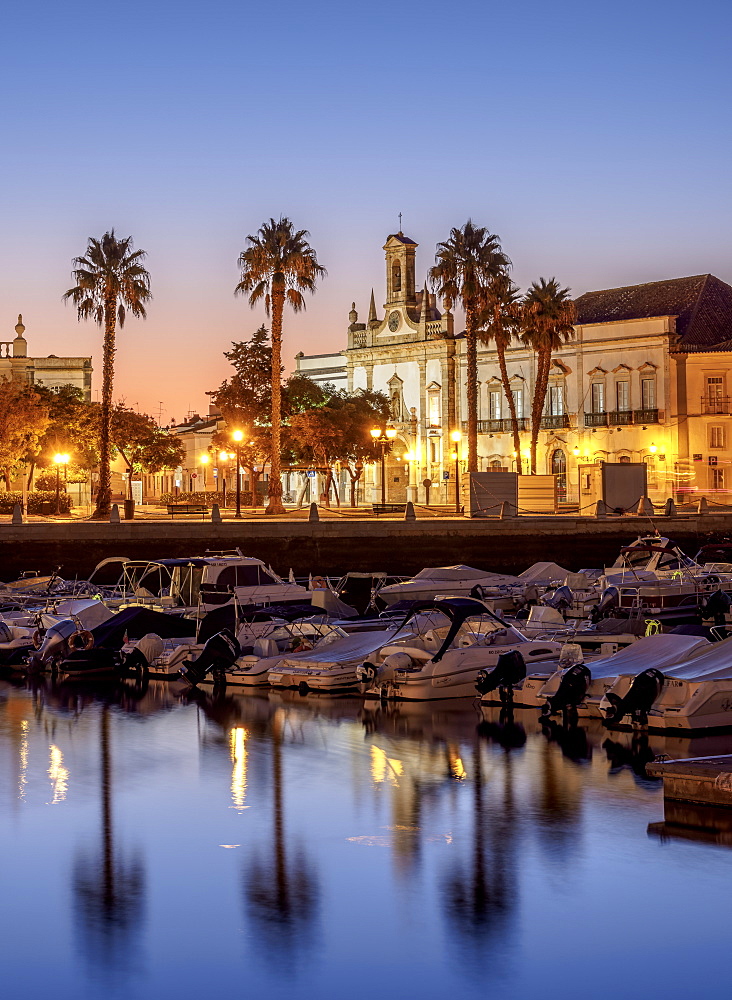 View over Marina towards Arco da Vila at dawn, Faro, Algarve, Portugal, Europe