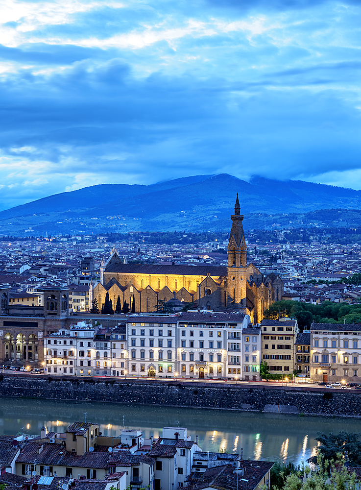 Basilica of Santa Croce at dusk, elevated view, Florence, UNESCO World Heritage Site, Tuscany, Italy, Europe