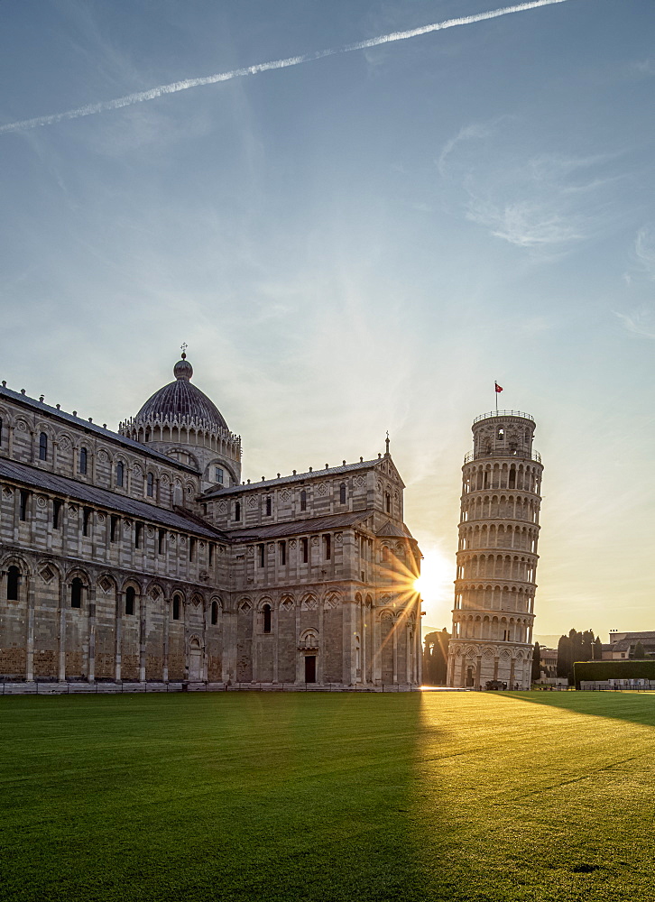 Cathedral and Leaning Tower at sunrise, Piazza dei Miracoli, UNESCO World Heritage Site, Pisa, Tuscany, Italy, Europe