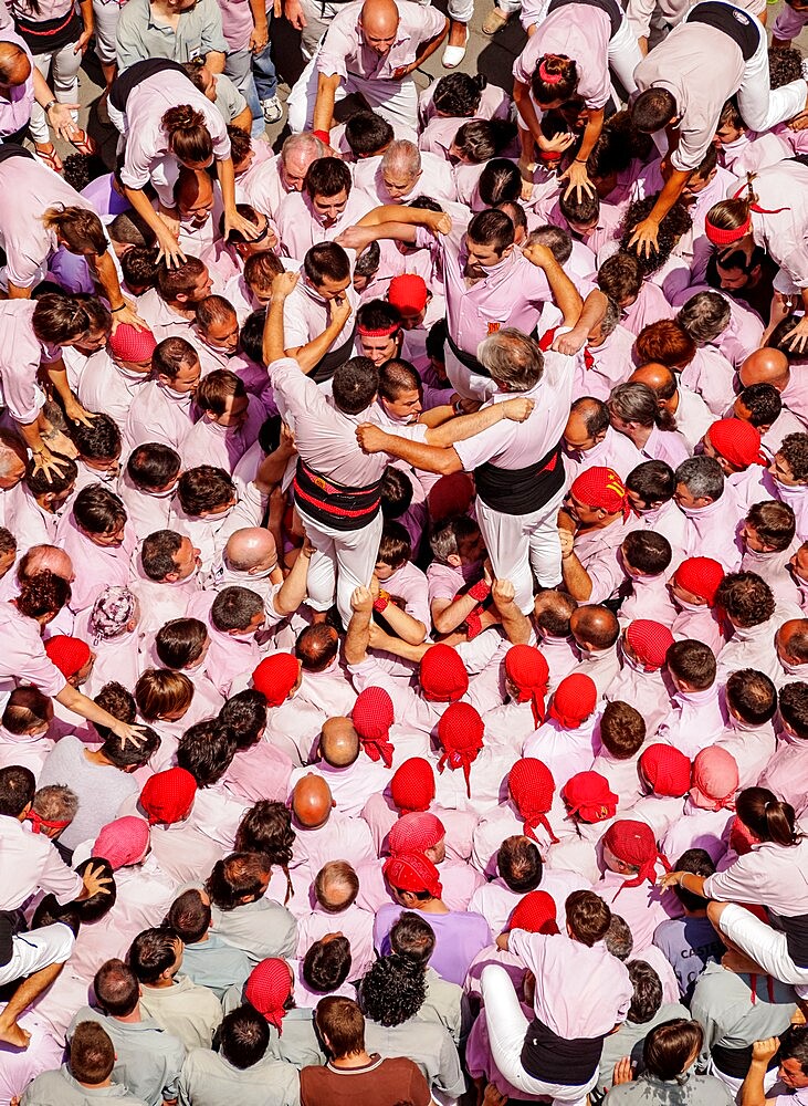 Castell human tower in front of the City Hall during the Festa Major Festival, elevated view, Terrassa, Catalonia, Spain, Europe