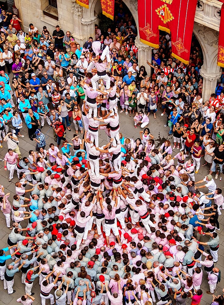 Castell human tower in front of the City Hall during the Festa Major Festival, elevated view, Terrassa, Catalonia, Spain, Europe