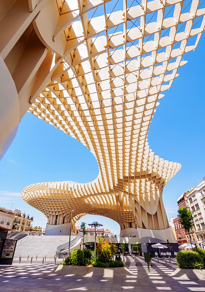 Metropol Parasol (Las Setas) at La Encarnacion Square, low angle view, Seville, Andalusia, Spain, Europe