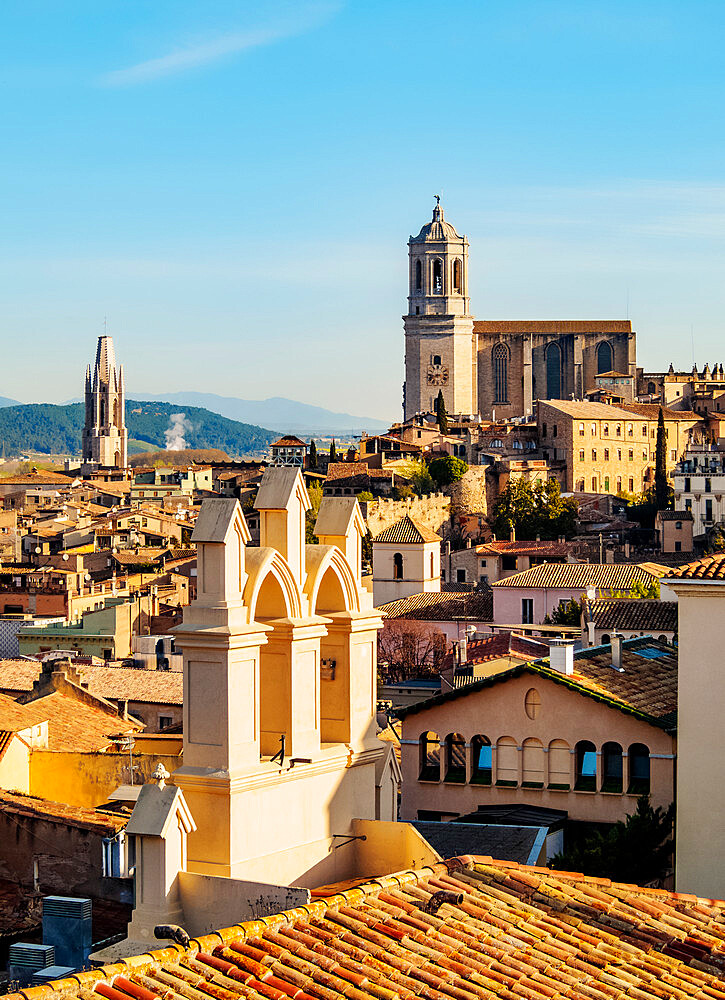 View over the Old Town towards the Cathedral seen from the city walls, Girona (Gerona), Catalonia, Spain, Europe