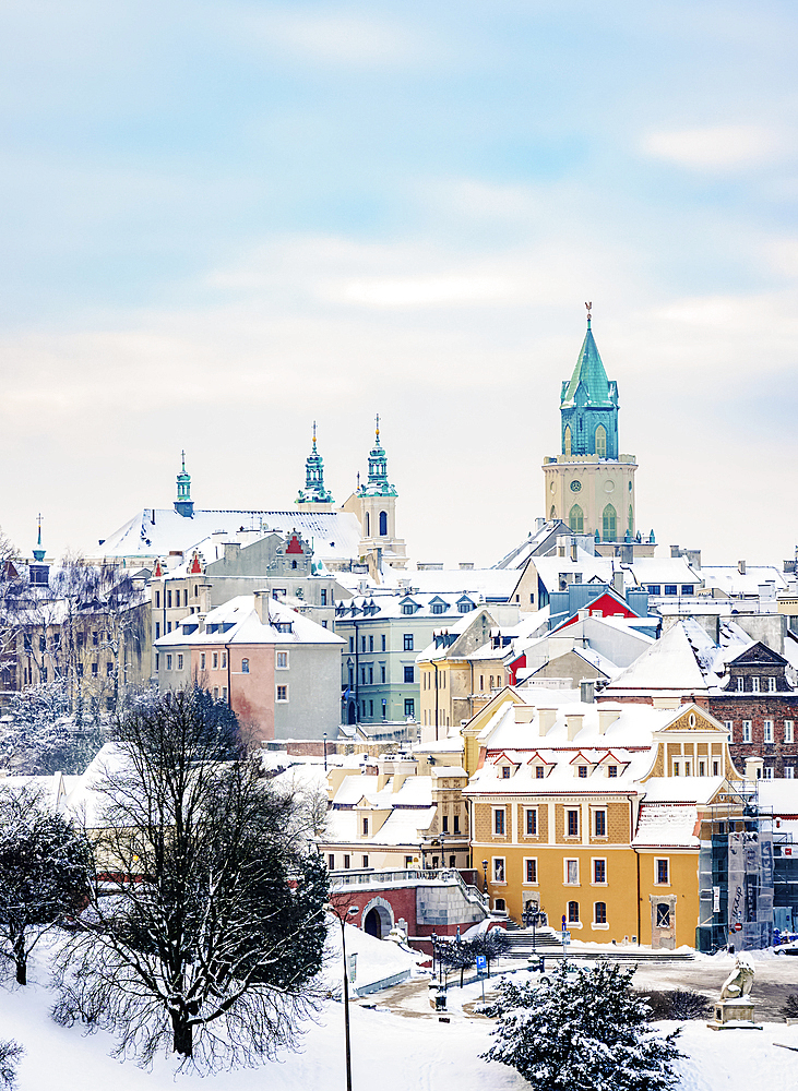 Old Town skyline featuring St. John the Baptist Cathedral and Trinitarian Tower, winter, Lublin, Lublin Voivodeship, Poland, Europe