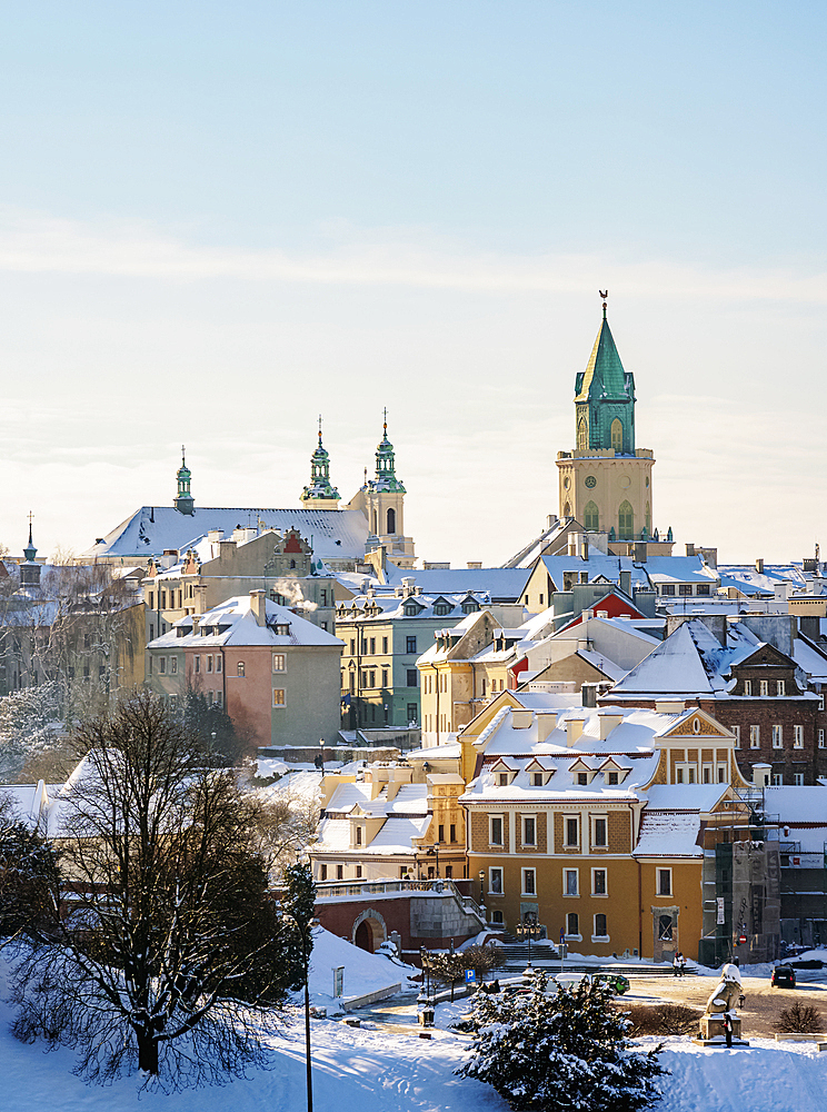 Old Town skyline featuring St. John the Baptist Cathedral and Trinitarian Tower, winter, Lublin, Lublin Voivodeship, Poland, Europe