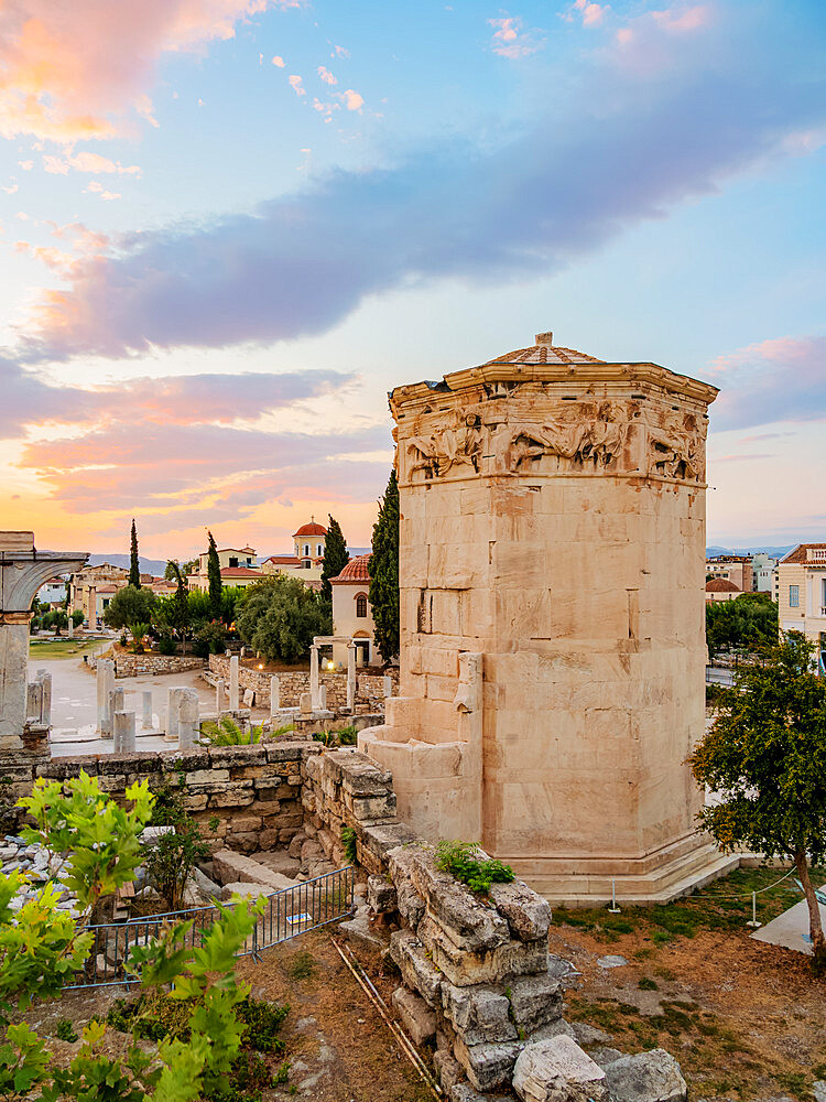 Tower of the Winds (Horologion of Andronikos Kyrrhestes) at sunset, Roman Forum, Athens, Attica, Greece, Europe