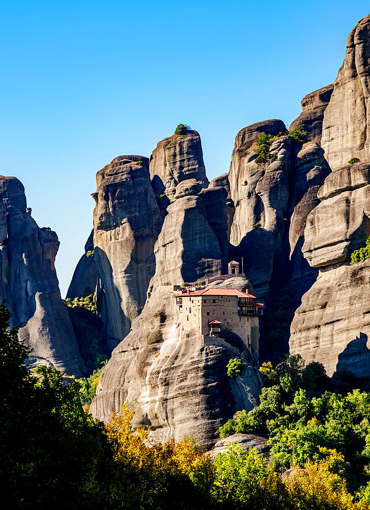 View towards the Monastery of Saint Nicholas Anapafsas (Anapausas), Meteora, UNESCO World Heritage Site, Thessaly, Greece, Europe