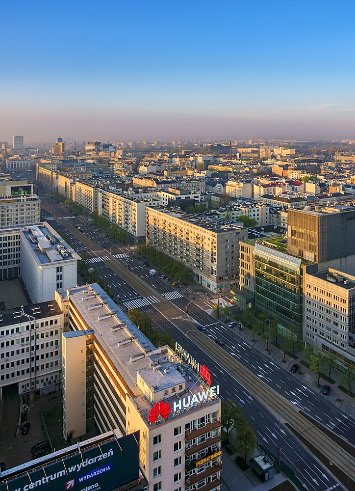 Marszalkowska Street and City Centre Skyline at sunrise, elevated view, Warsaw, Masovian Voivodeship, Poland, Europe