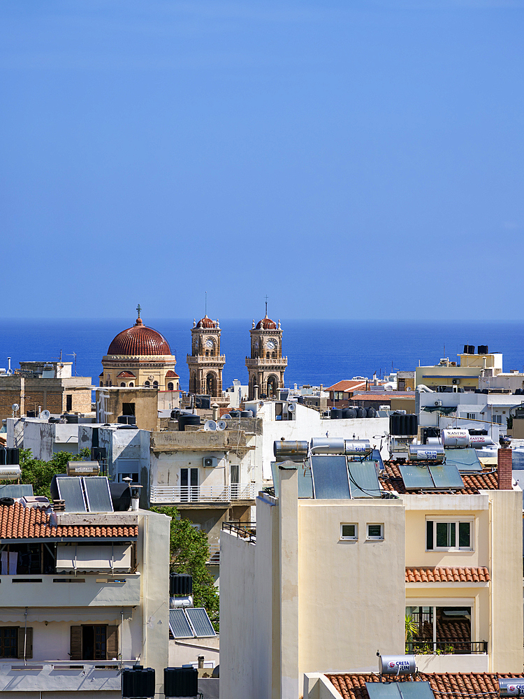 View towards the Agios Minas Cathedral, City of Heraklion, Crete, Greek Islands, Greece, Europe