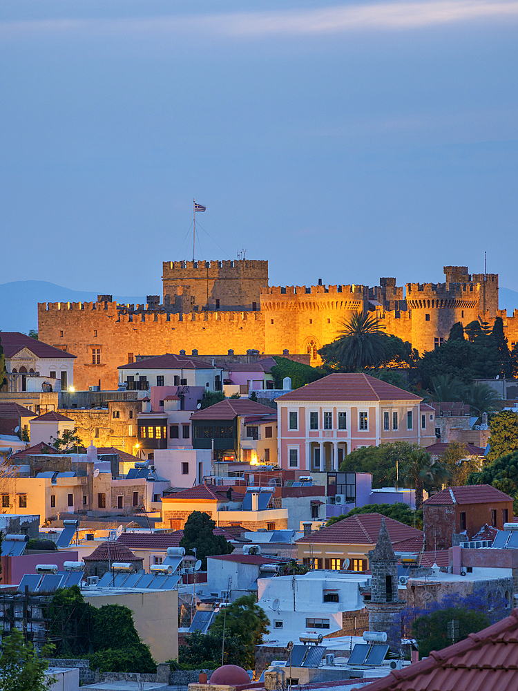 Palace of the Grand Master of the Knights of Rhodes at dusk, UNESCO World Heritage Site, Medieval Old Town, Rhodes City, Rhodes Island, Dodecanese, Greek Islands, Greece, Europe