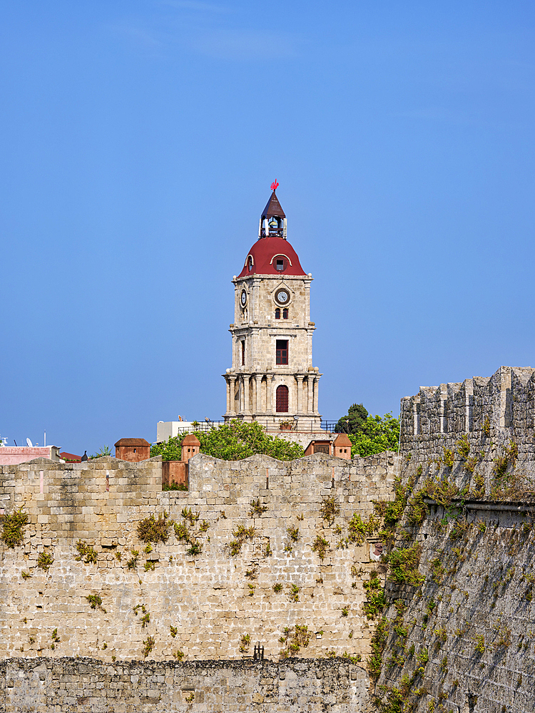 Defensive Wall and the Clock Tower, Medieval Old Town, Rhodes City, Rhodes Island, Dodecanese, Greek Islands, Greece, Europe