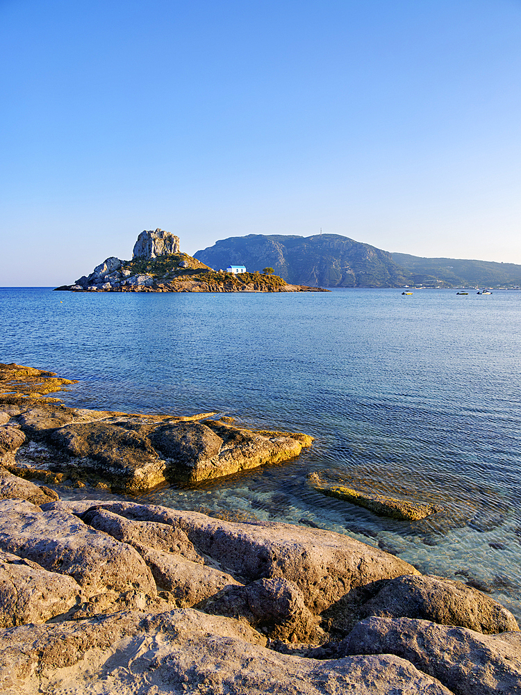 Kastri Island seen from Agios Stefanos Beach, Kamari Bay, Kos Island, Dodecanese, Greek Islands, Greece, Europe