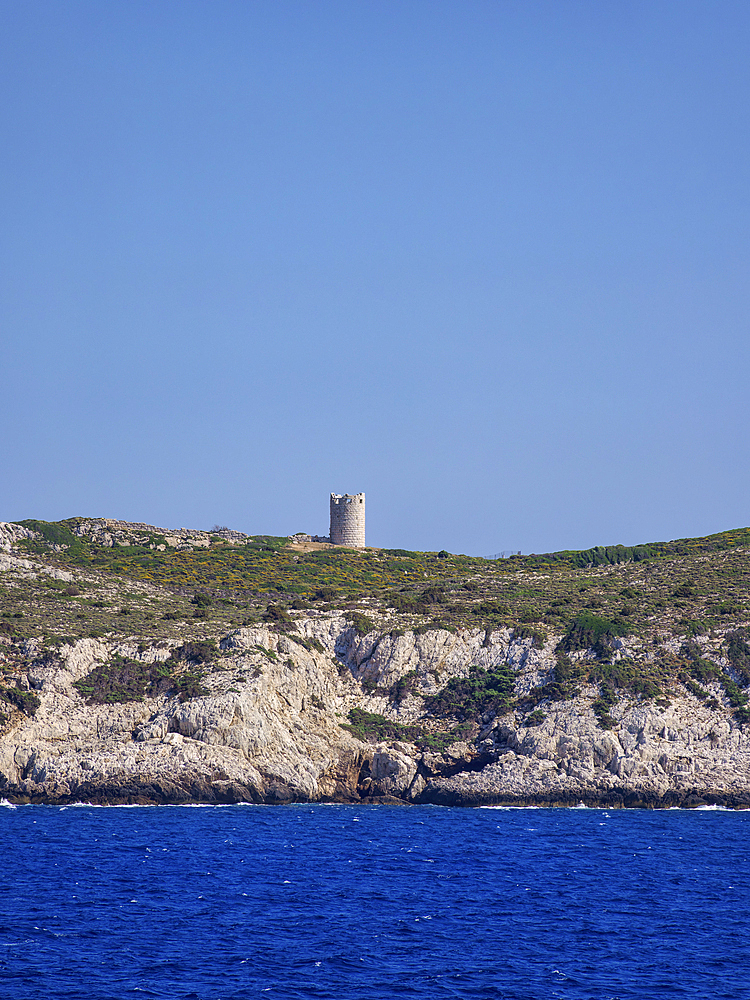 View towards the Tower of Drakano, Icaria Island, North Aegean, Greek Islands, Greece, Europe