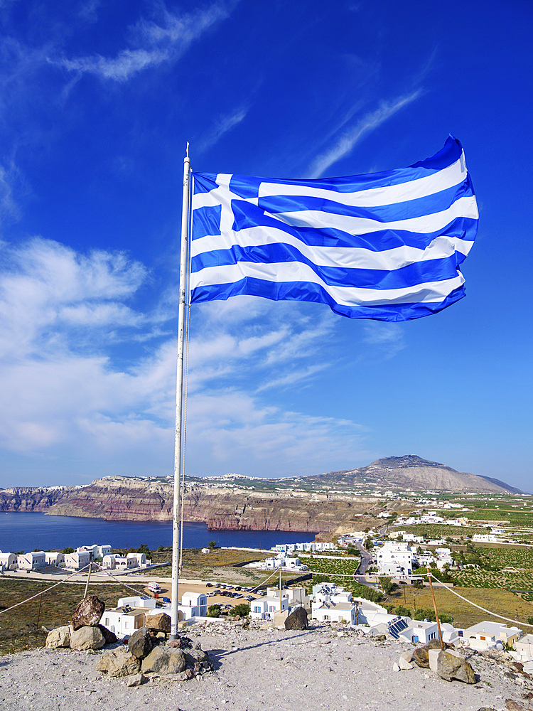 Greek Flag at the Venetian Castle, Akrotiri Village, Santorini (Thira) Island, Cyclades, Greek Islands, Greece, Europe