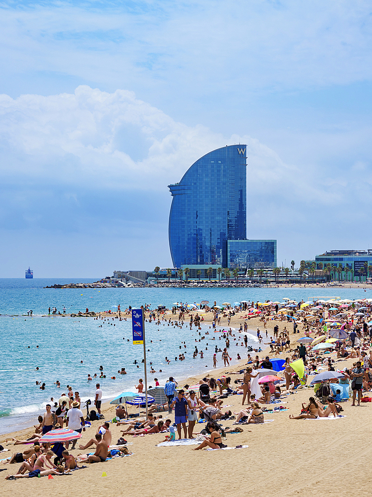 View towards the W Hotel, La Barceloneta Beach, Barcelona, Catalonia, Spain, Europe