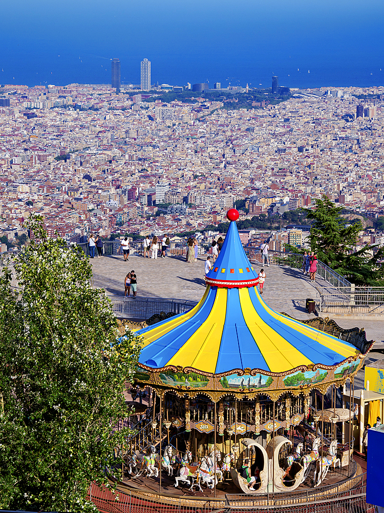 Carousel at the Tibidabo Amusement Park, elevated view, Mount Tibidabo, Barcelona, Catalonia, Spain, Europe