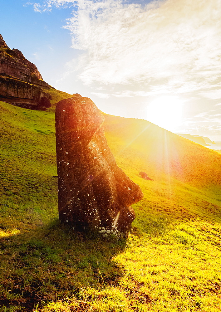 Moai at the quarry on the slope of the Rano Raraku Volcano at sunrise, Rapa Nui National Park, UNESCO World Heritage Site, Easter Island, Chile, South America