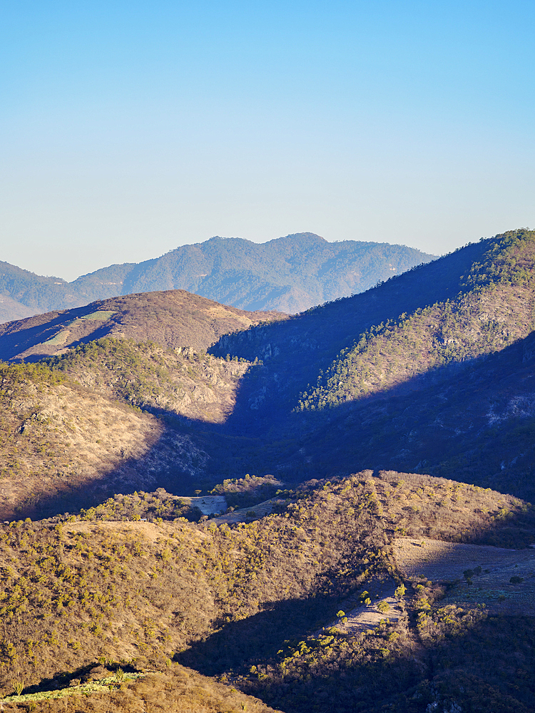 Landscape seen from Hierve el Agua at sunset, San Lorenzo Albarradas, Oaxaca State, Mexico